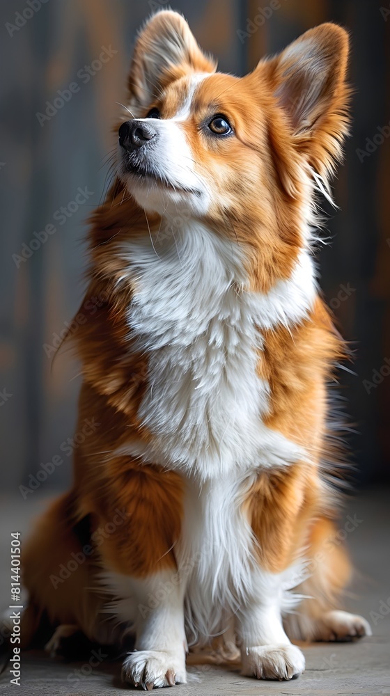 Fototapeta premium Attentive Corgi Dog Sitting on White Background with Fluffy Fur and Friendly Gaze