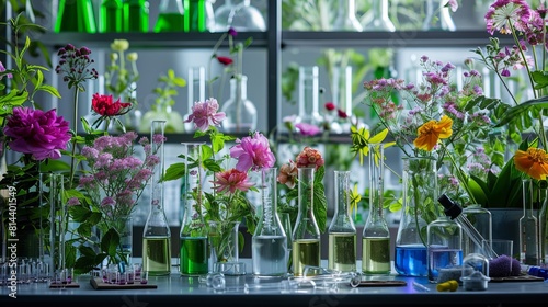 Indoor photograph of a chemical laboratory filled with flasks and test tubes, alongside numerous fresh flowers and herbs