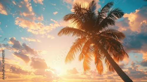 Tropical palm tree with sun light on sunset sky and cloud abstract background  aesthetic look