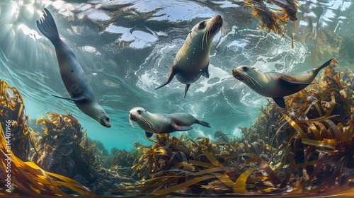 Equirectangular photo taken underwater of sea lions swimming under the water in kelp beds