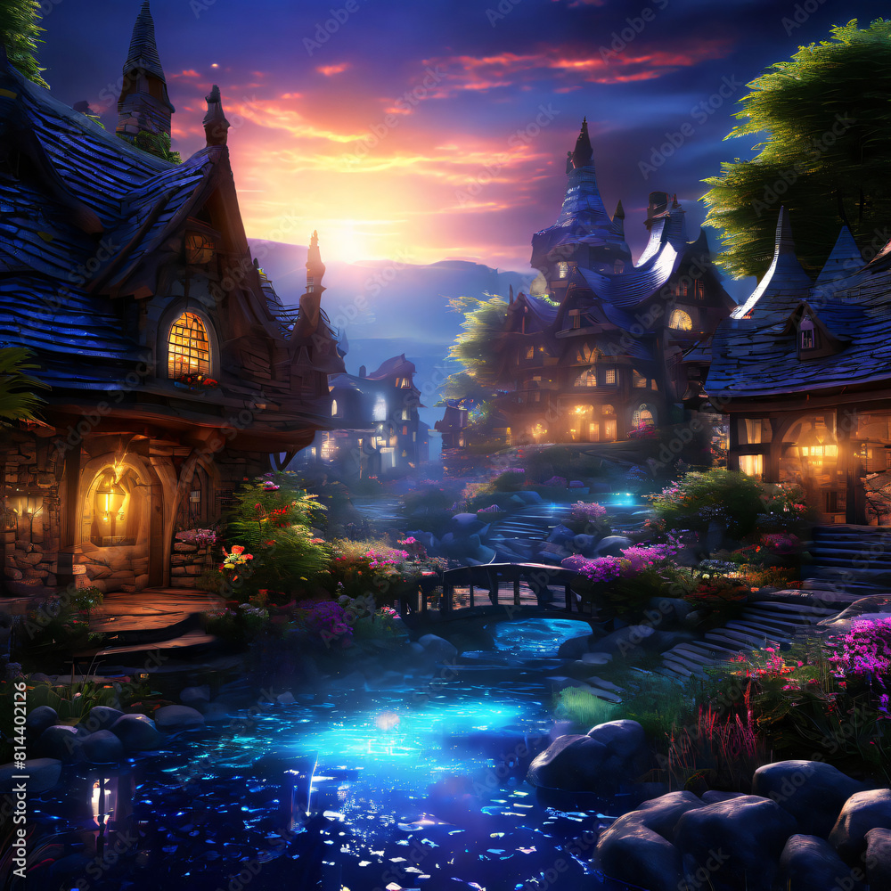 Fototapeta premium Rustic Village Glows Amid Broken Glass, Enveloped in Heavenly Light, Beauty, Timeless Charm, Ethereal Aura 