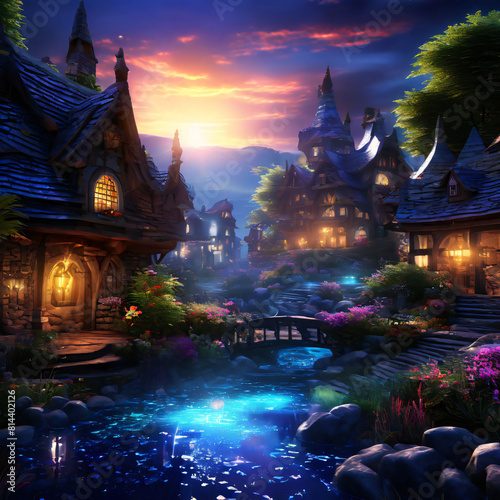 Rustic Village Glows Amid Broken Glass, Enveloped in Heavenly Light, Beauty, Timeless Charm, Ethereal Aura 
