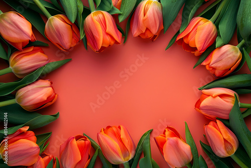 Frame of red tulips on a pink background. #814402144