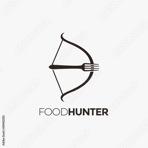 Minimalist Creative fish fork and bow logo, food travel, food hunter logo design on black background