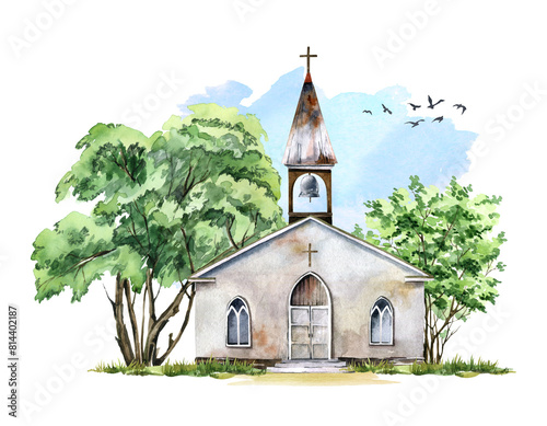 Old Christian church summer trees landscape, watercolor religion illustration