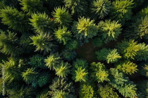 Aerial top view of summer green trees in forest in rural 