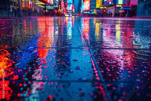 Times Square in the rain  captured with a long exposure. The wet pavement reflects the colorful lights of the city  creating a vibrant and dynamic image.