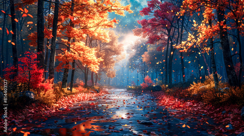 Colorful leaves fall gently on a quiet path in the forest