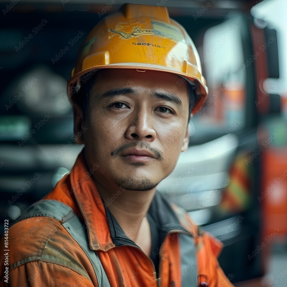 Hardworking transportation industry worker in uniform and safety gear on the job site Hardworking transportation industry worker in uniform and safety gear on the job site