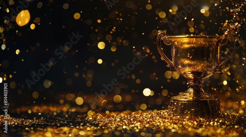 Golden Trophy on Dark Background with Glittering Particles Generative AI