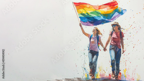 Watercolor paint of 2 women holding rainbow flag for pride celebration photo