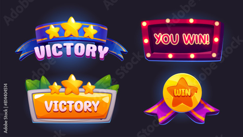Badge for level or tournament victory game ui design. Cartoon vector illustration set of winner banner with rating stars, ribbons, lamps and green leaves. Emblem trophy for win and achievement. photo
