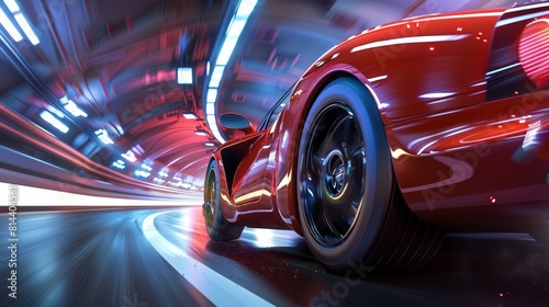 Racing Car Speeds Through Illuminated Road Tunnel Generative AI © AlexandraRooss