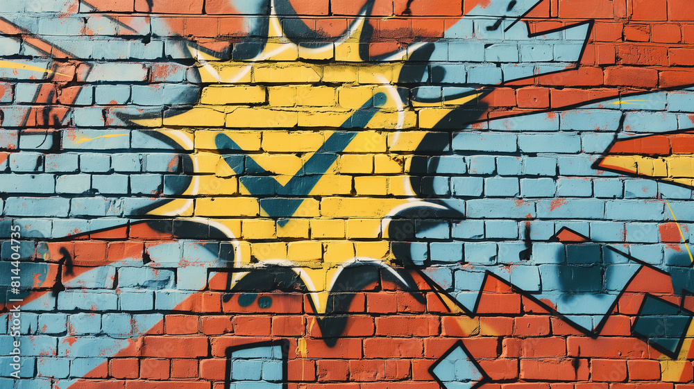 Obraz premium Pop art comic street graffiti with a check mark on a brick wall. Fantastic background. 