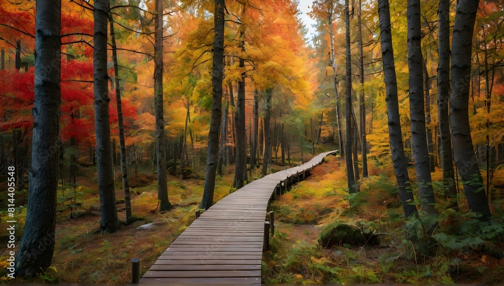 Beautiful wooden pathway going the breathtaking colorful trees in a forest