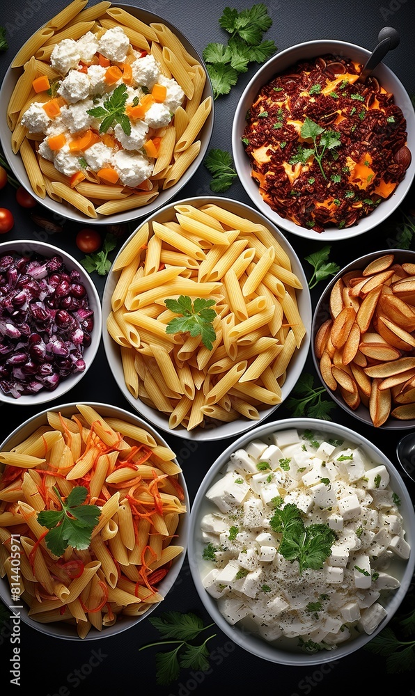 Autumn pasta salad with roasted pumpkin, broccoli, feta cheese on bright light gray background Autumn pasta salad with roasted pumpkin, broccoli, feta cheese on bright light gray background