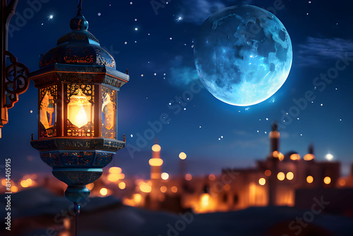 Moon And Arabian Lantern With Blue Sky At Night With Abstract Defocused Lights - generative ai 