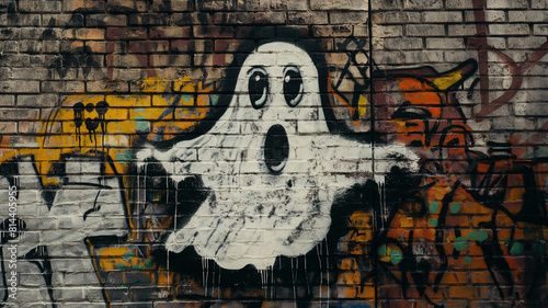 Pop art comic street graffiti with a ghost on a brick wall. Fantastic background.