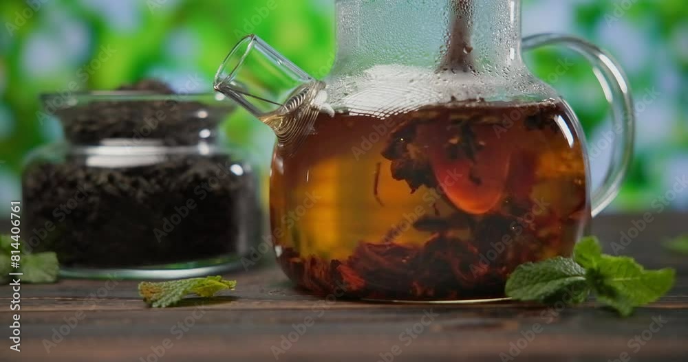 organic natural tea brewing in a glass teapot on a wooden table organic natural tea brewing in a glass teapot on a wooden table