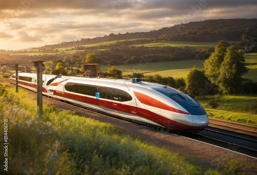 Train of the future running through the countryside in the morning