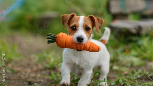 Jack Russell Terrier dog holding carrot toy in his mouth and inviting its owner to play with him. Funny little white and brown dog playing with dog's toy. 