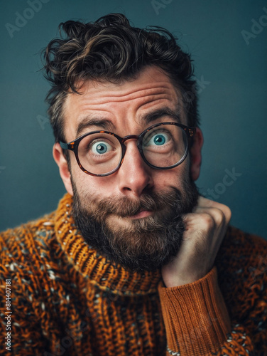 A funny extraordinary man with a bright individuality. Portrait on a dark blue background. © Vladimir