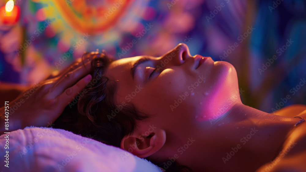 Obraz premium Handsome man's head as a female masseuse gives him a scalp massage. Background for massage, spa, wellness or healing brand.