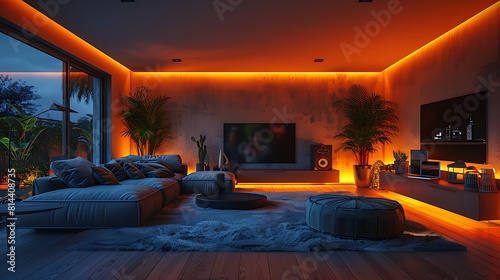 Hyperrealistic view of a high-tech living room with advanced entertainment systems and smart home controls, sleek modern furniture, and ambient LED lighting, focusing on futuristic design. © LuvTK