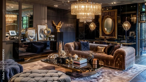 Luxurious Urban Retreat: A glamorous living room exuding luxury and opulence, with plush velvet sofas, sparkling chandeliers, and metallic accents, evoking a sense of grandeur and elegance.