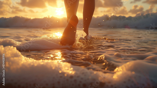 Feet walking through foamy ocean water on a sandy beach in silhouette with the setting sun over a breaking wave in the distance