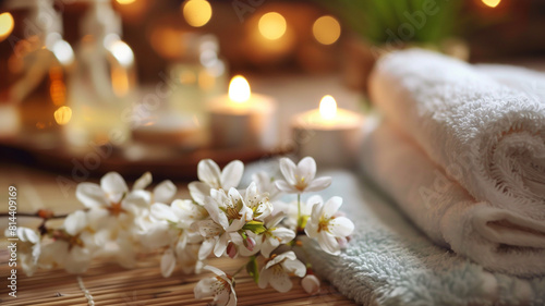 Flowers, soap and towels sitting by the side of a large indoor bath at a spa 