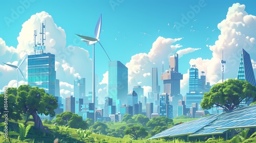 Green Eco City Urban with Solar Panels and Wind
