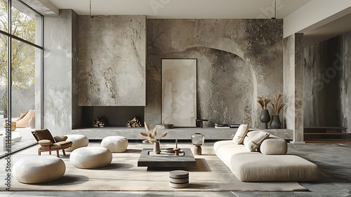 Hyperrealistic view of a monochromatic living room with shades of gray, featuring textured walls, soft fabrics, and sleek furniture, focusing on depth and elegance, no people .