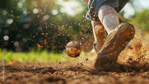 Low angle shot of a baseball players feet in cleats running through the bases sending dirt and dust flying photo