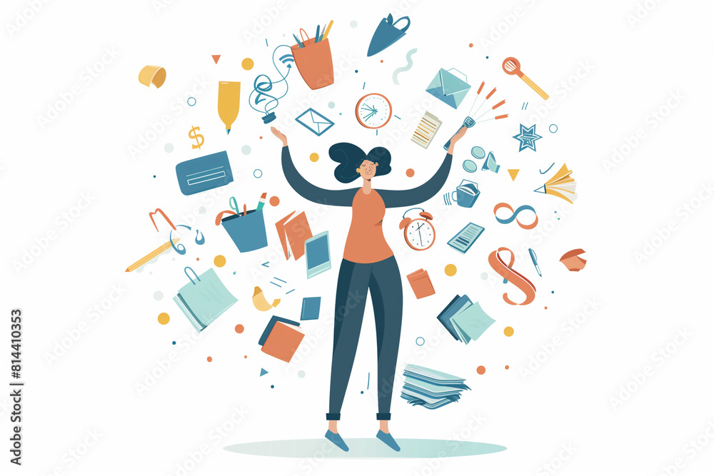 A woman is holding a stack of books and a bag. She is surrounded by many items, including a clock, a cup, and a bottle. Concept of busyness and productivity A woman is holding a stack of books and a bag. She is surrounded by many items, including a clock, a cup, and a bottle. Concept of busyness and productivity