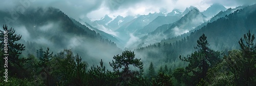 Mountain summer landscape with forest and high peaks, Caucasus, A view of the main Caucasian ridge, Biosphere Reserve resort Dombay, The concept of travel and tourism realistic nature and landscape photo