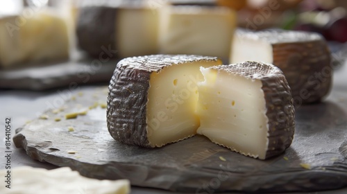 Trozos de queso de oveja curado. Queso manchego sobre un plato y fondo gris. Aperitivo español