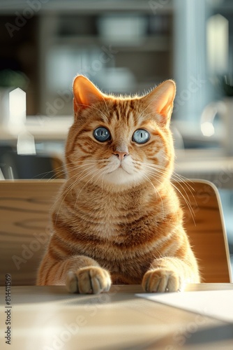 International cat day poster, Portrait of a large orange cat with blue eyes, 3D illustration.