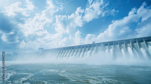 Sunshine illuminates a large dam as it spills water across its length into the river below