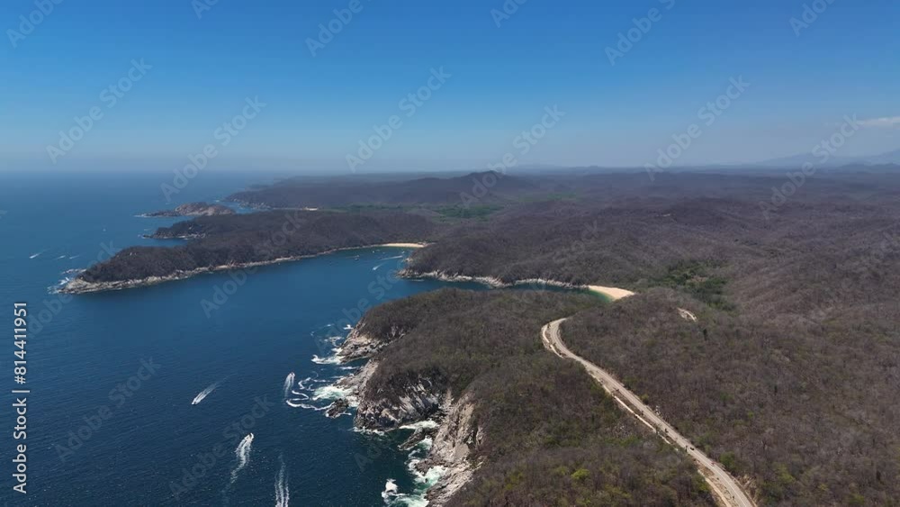 Panoramic roads of the Huatulco National Park captured by drones. Oaxaca Panoramic roads of the Huatulco National Park captured by drones. Oaxaca