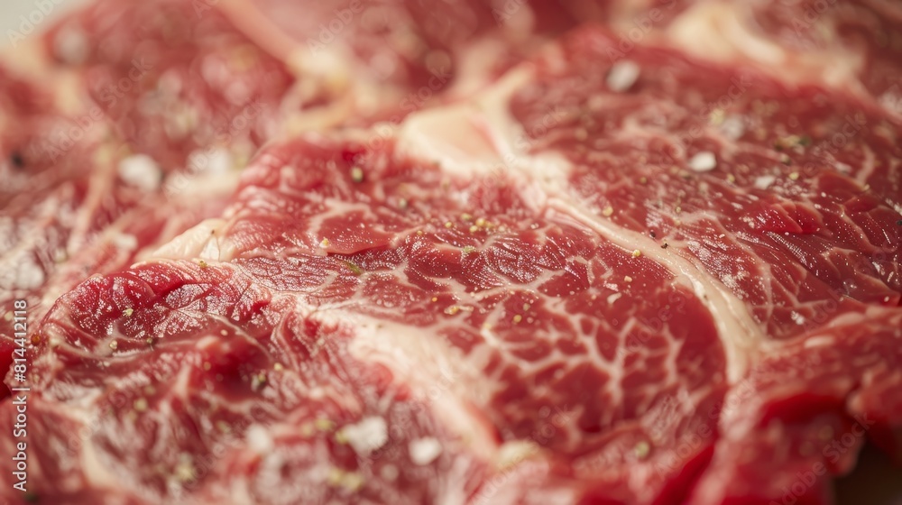 Crisp close-up of raw strip loin beef, showcasing detailed texture and marbling, set against an isolated background with studio lighting Crisp close-up of raw strip loin beef, showcasing detailed texture and marbling, set against an isolated background with studio lighting