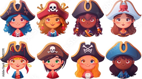 Cheerful Pirate Captains and Crew Members in Colorful Cartoon Costumes