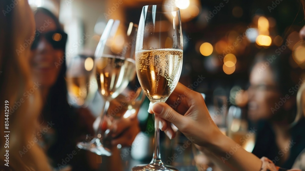 Wine wedding, happy event and woman with alcohol drink at dinner reception, smile at celebration and marriage party ceremony. Girl thinking at engagement lunch and drinking champagne from