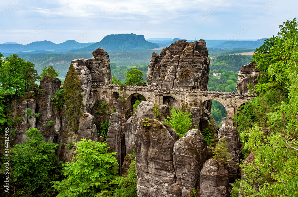 Bastei Bridge and Mesa Lilienstein, Saxon Switzerland, Saxony, Germany, Europe. Bastei Bridge and Mesa Lilienstein, Saxon Switzerland, Saxony, Germany, Europe.