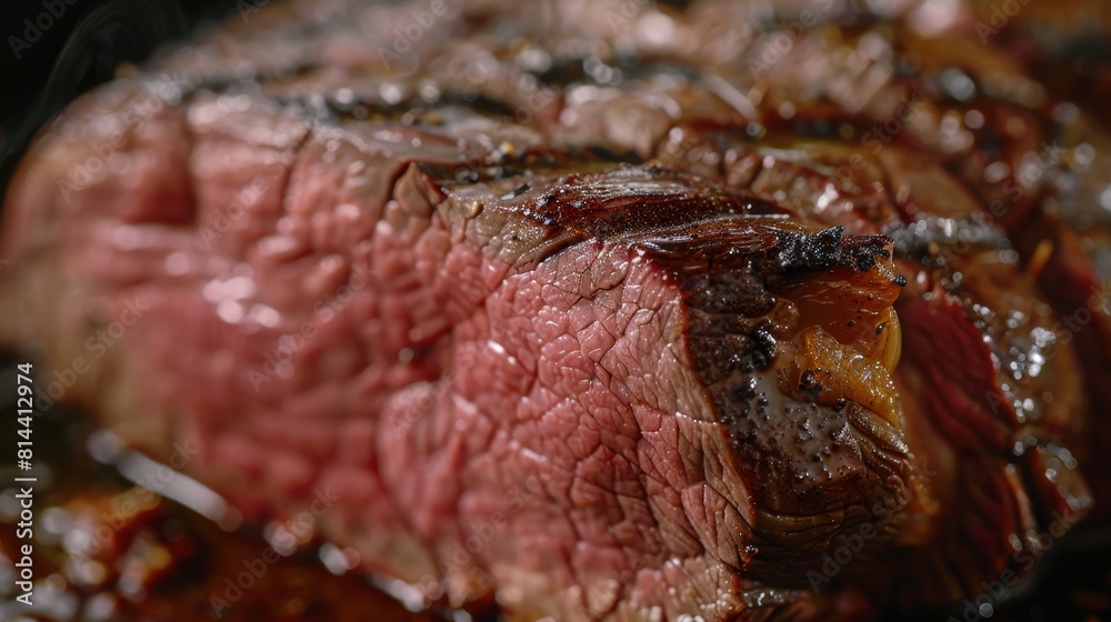 Close-up of Top Round beef cooked rare, showcasing the pink center and seared edges, perfect focus and clarity for advertising