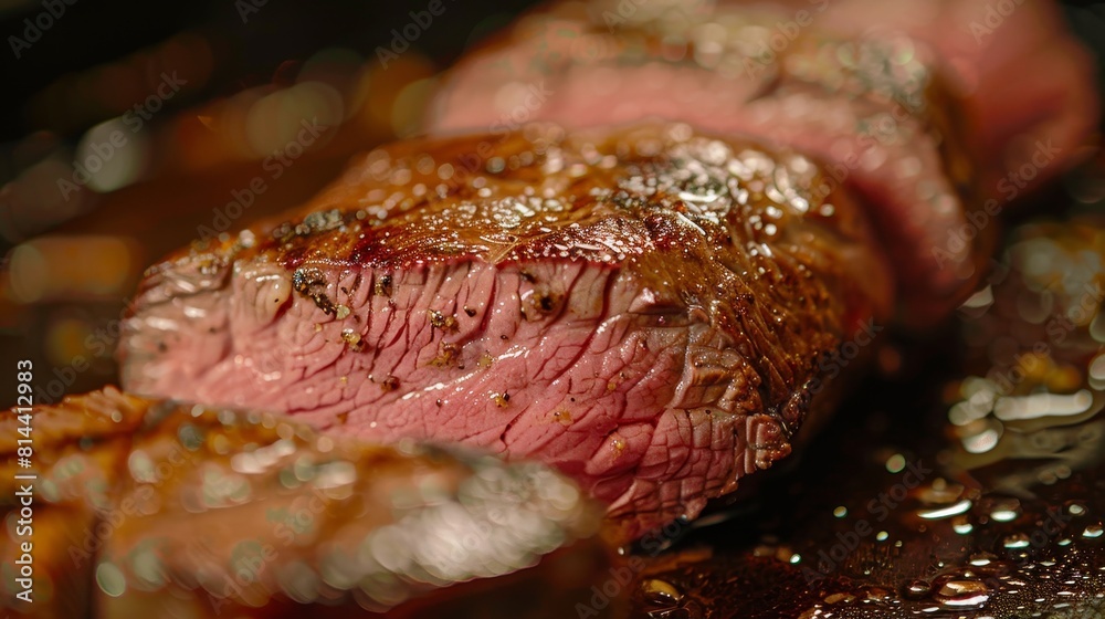 Close-up of Top Round beef cooked rare, showcasing the pink center and seared edges, perfect focus and clarity for advertising Close-up of Top Round beef cooked rare, showcasing the pink center and seared edges, perfect focus and clarity for advertising