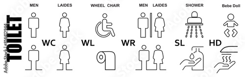 Toilet line icon set. WC sign. Man, woman, shower, mother with baby, handicap symbol. Restroom for male, female, disabled pictograms handicapped, baby seat, shower)