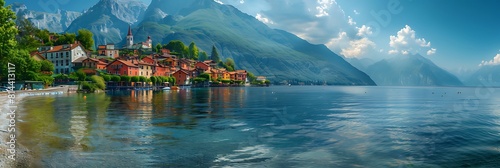 Mountain town by a lake realistic nature and landscape photo