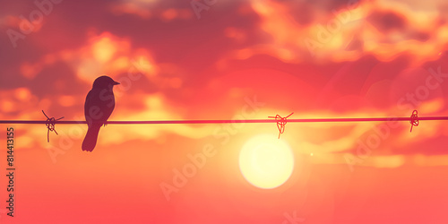  birds sitting on a wire at sunset photo