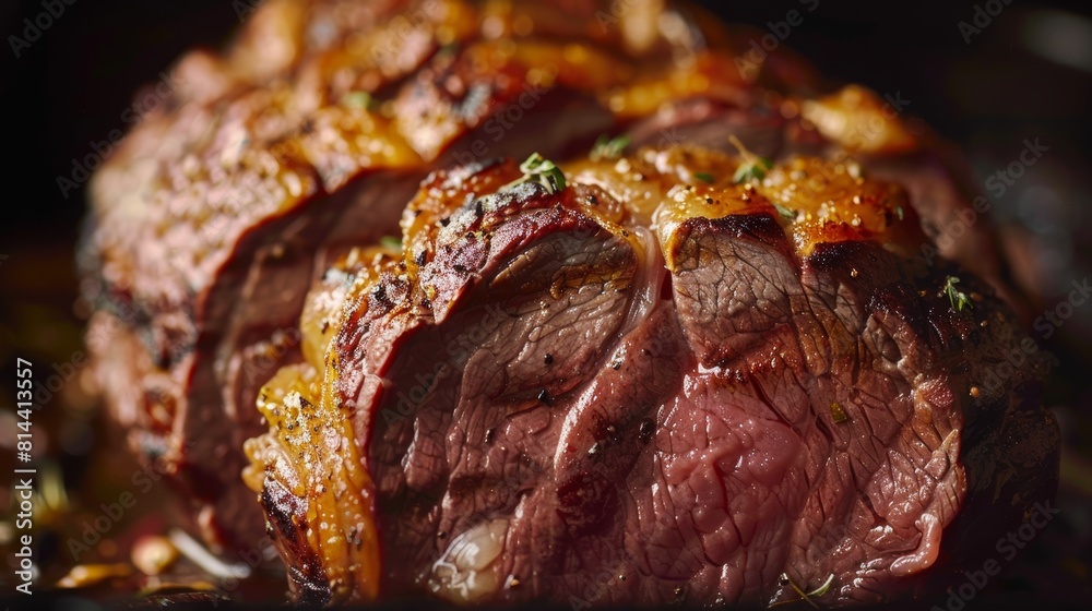 Close-up of medium-well Coulotte beef, showing the cooked interior and grilled exterior, with focused studio lighting for advertising Close-up of medium-well Coulotte beef, showing the cooked interior and grilled exterior, with focused studio lighting for advertising
